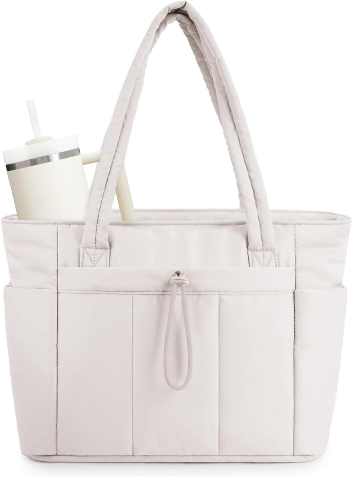 Stylish black quilted puffer tote bag for women, perfect for laptop & daily use.