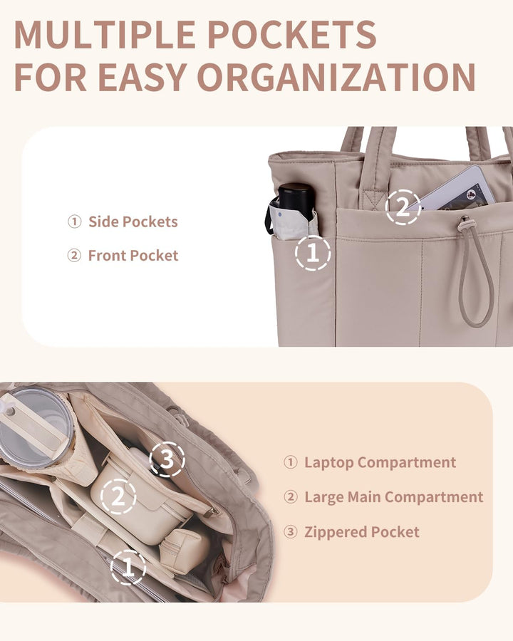 Chic beige puffer tote, perfect as a laptop bag with ample space for women's travel.