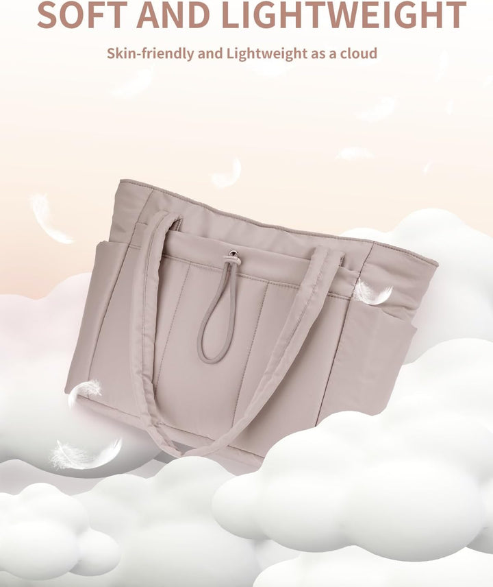 Beige travel-ready puffer tote bag, a stylish women's bag with a cup holder.