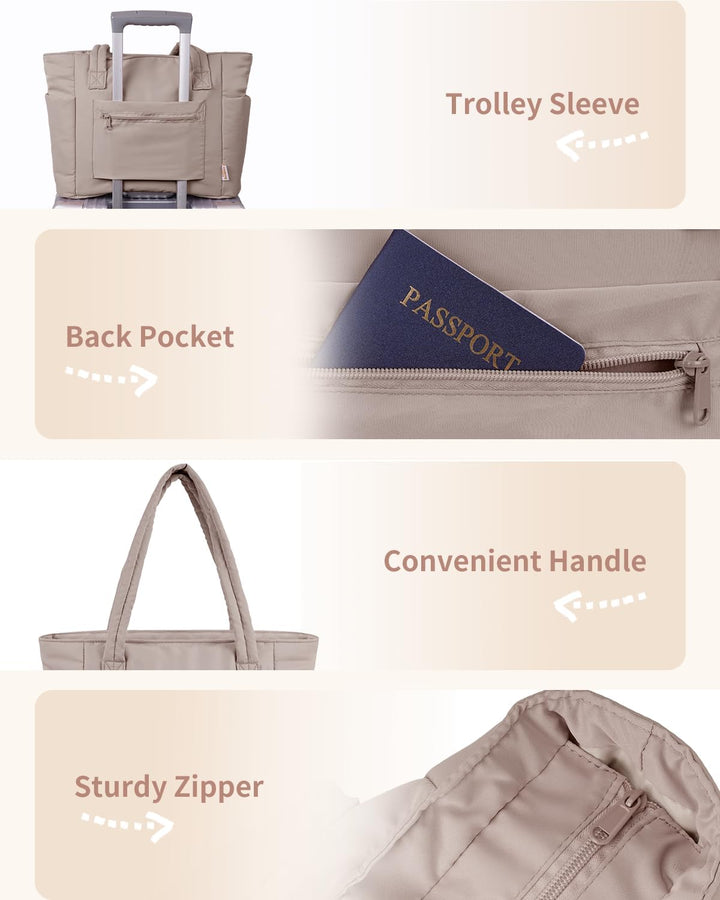 Quilted beige laptop tote for women, great for work, travel & daily errands.