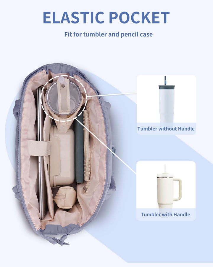 Women's beige puffer shoulder tote, useful for travel, work, or as a stylish gym bag.