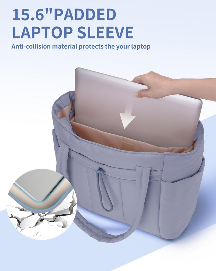 Beige quilted laptop travel tote, featuring a convenient cup holder & luggage sleeve.