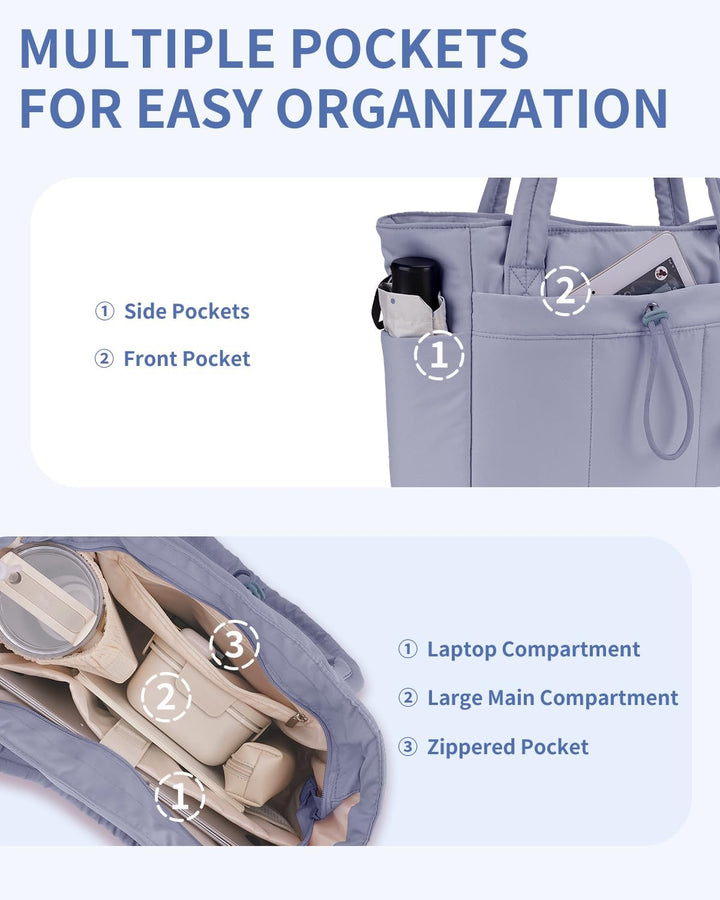 Everyday beige puffer tote bag for women, stylish, quilted, & travel-ready design.