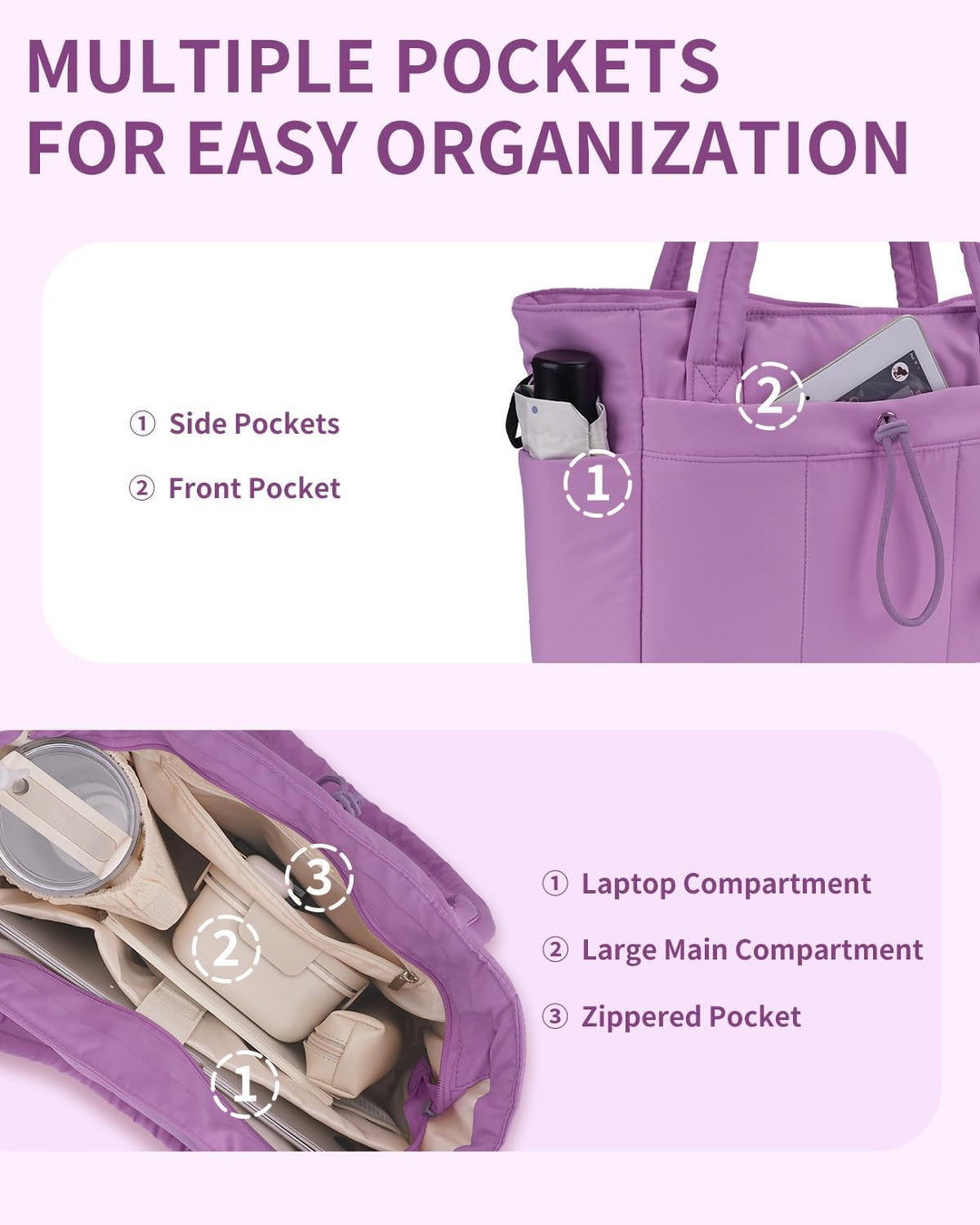 Blue travel-ready puffer tote, a stylish women's bag featuring a cup holder.