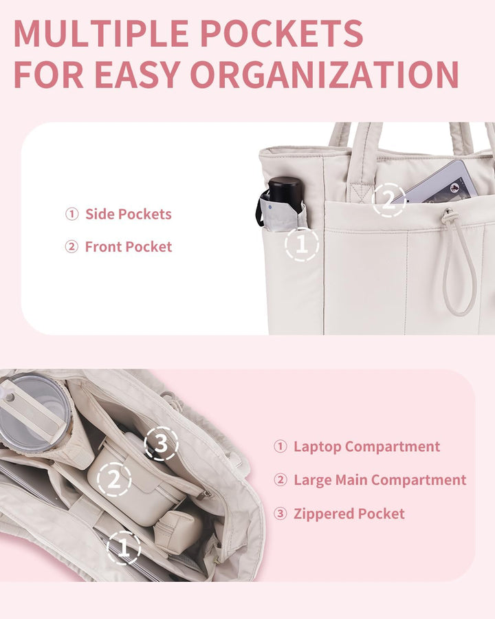 Versatile black puffer work bag, a chic women's tote for laptops & essentials.