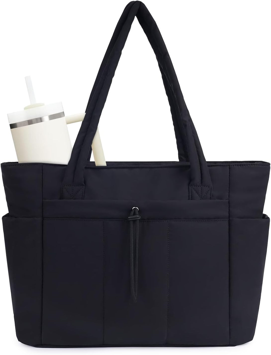 Blue quilted laptop travel tote, featuring a convenient cup holder & luggage sleeve.