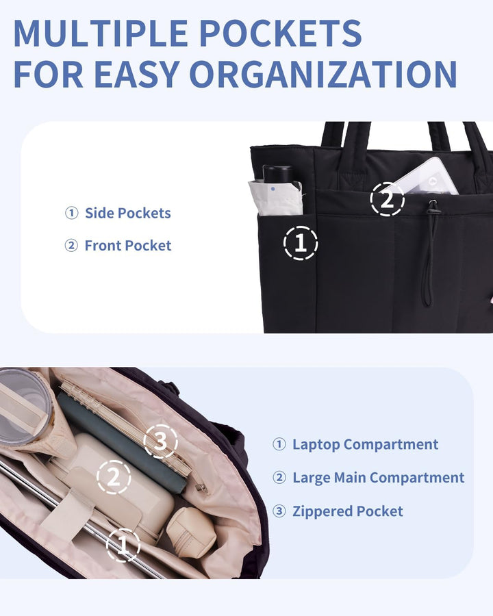 Pink puffer tote bag with laptop sleeve, ideal for work, travel & gym essentials.