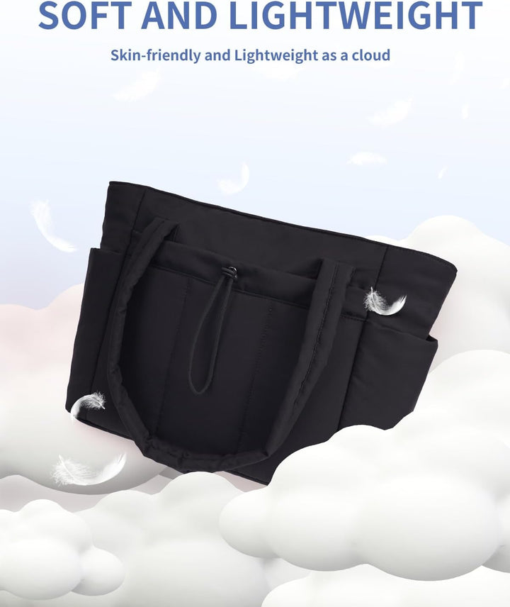 Versatile pink puffer work bag, a chic women's tote for laptops & essentials.