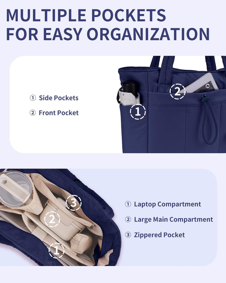 Modern pink puffer tote, functional women's bag with laptop & travel compartments.