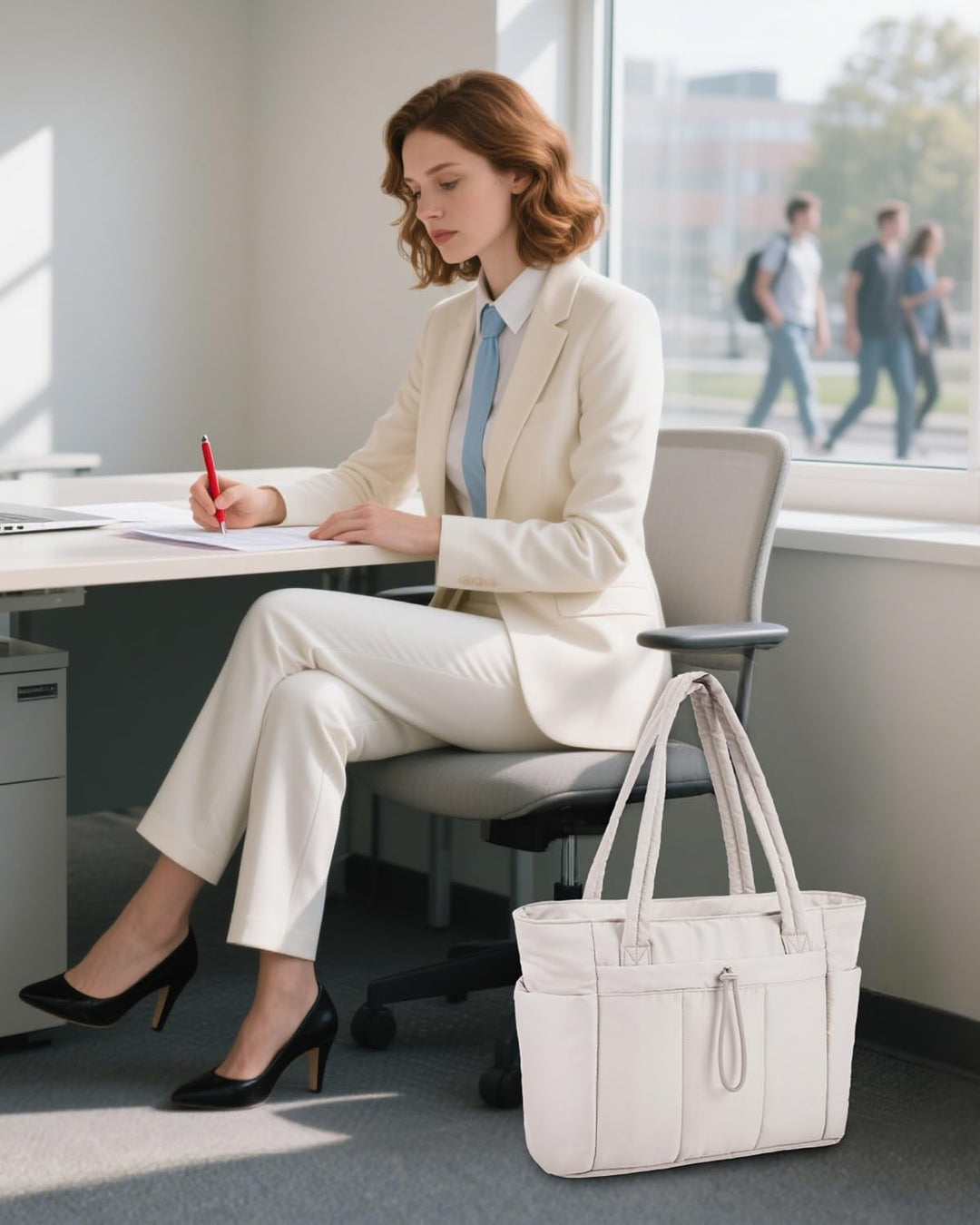 Black travel-ready puffer tote, a stylish women's bag featuring a cup holder.