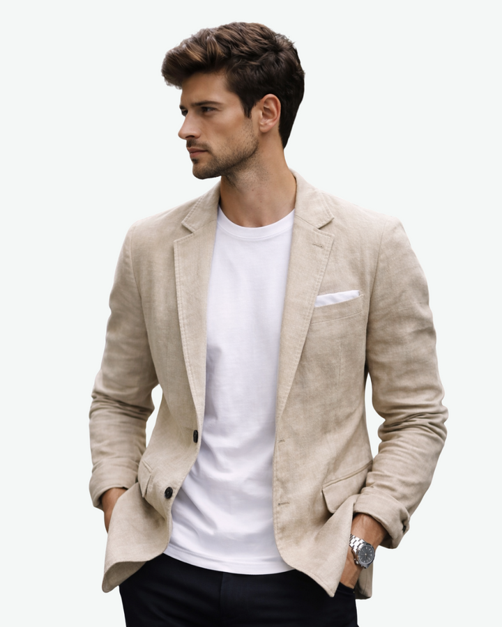 Stylish men's beige notch lapel blazer jacket with patch pockets, ideal for smart casual & spring fashion.