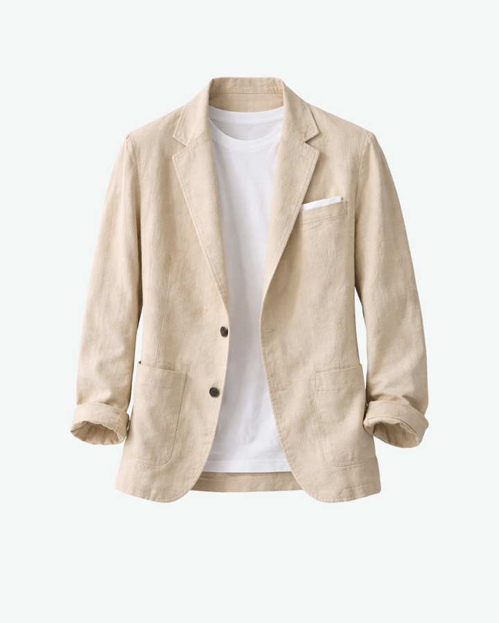 Men's versatile lightweight beige blazer with notch lapel and prominent patch pockets, perfect for summer.