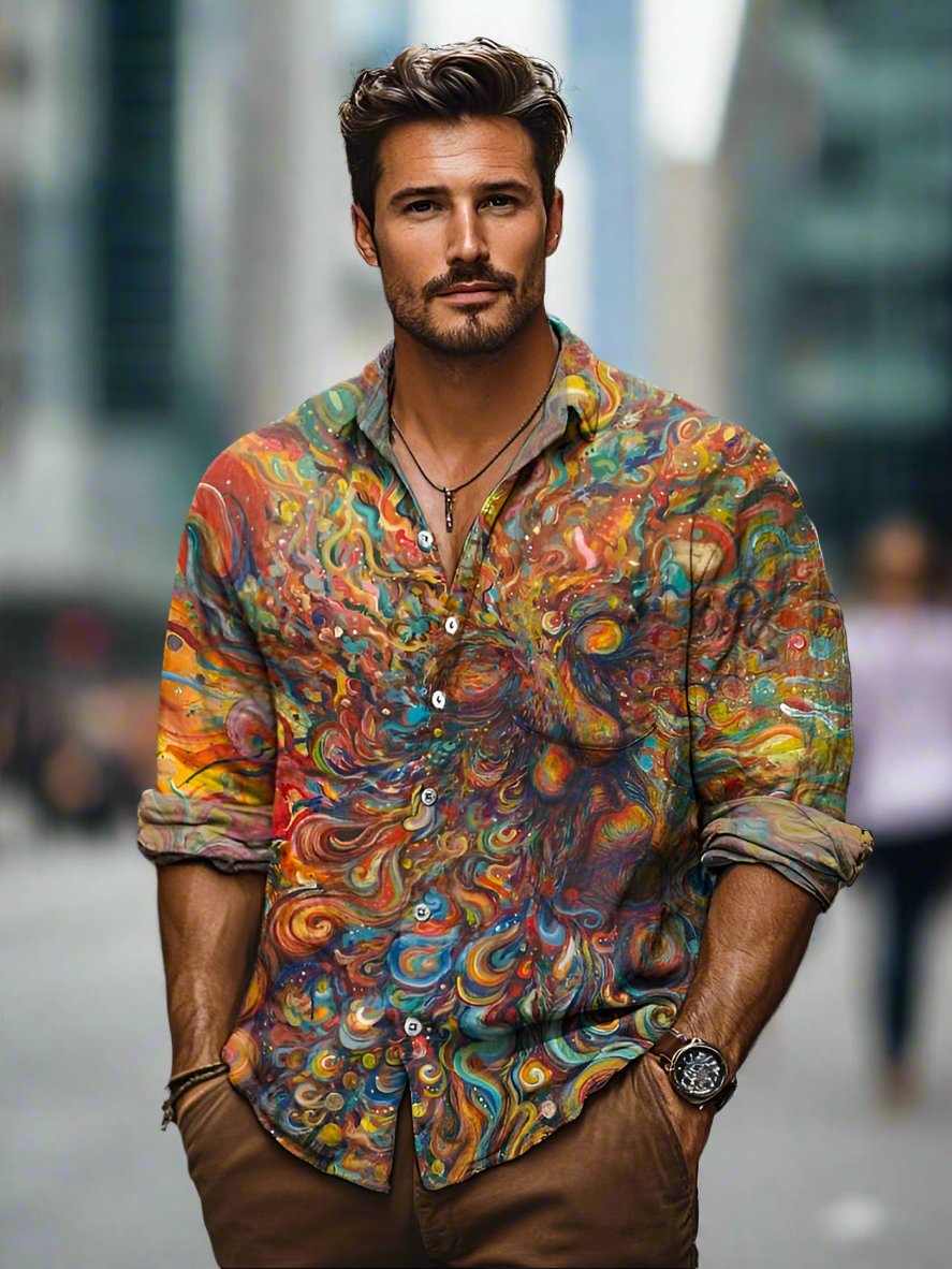 Stylish men's long-sleeved printed summer shirt. Ideal for casual beachwear, tropical vacations. Lightweight button-down multicolor design.