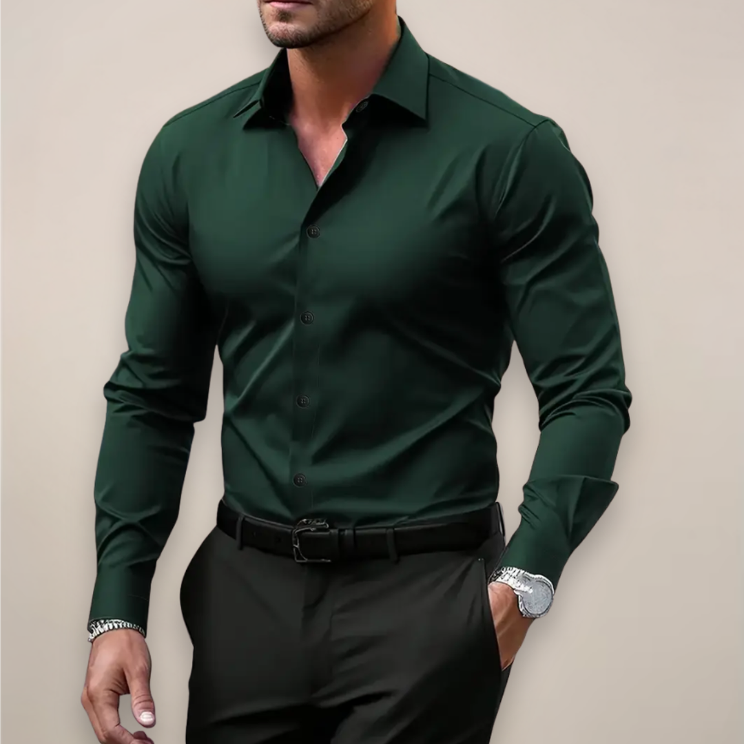 Versatile men's long sleeve button-up shirt, slim-fit for both casual outings and formal office wear.