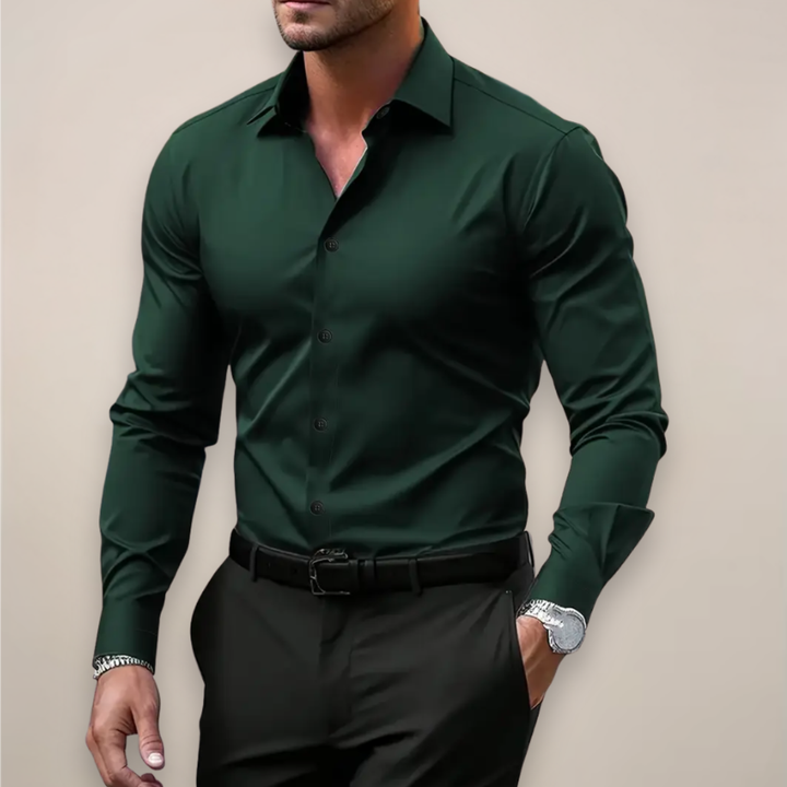 Versatile men's long sleeve button-up shirt, slim-fit for both casual outings and formal office wear.