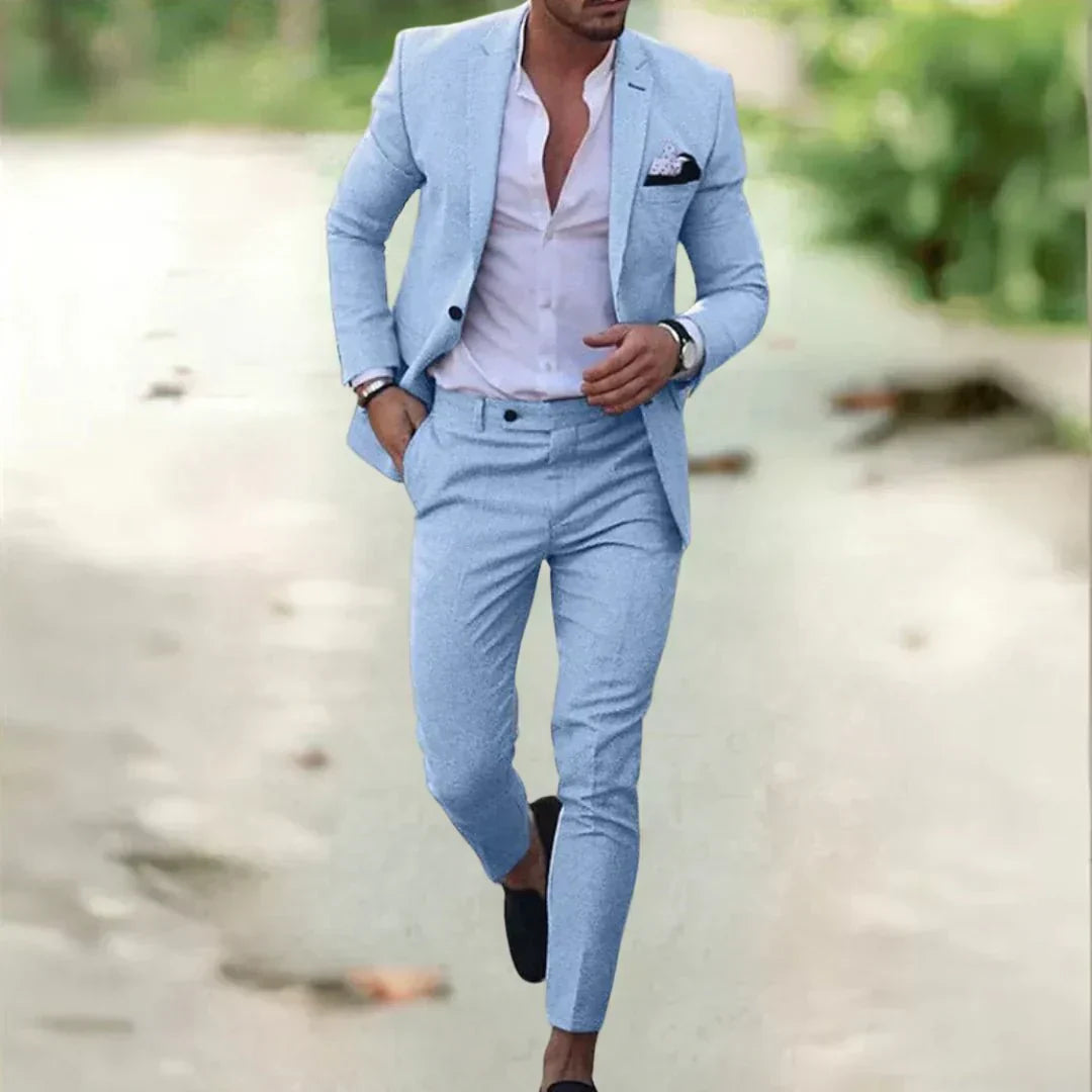 Dynamic view of a man in a sophisticated slim fit business suit, demonstrating comfort and elegant men's fashion.