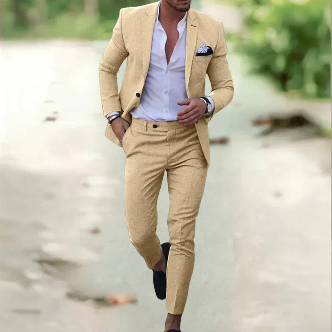 Men's versatile slim fit suit styled with a crisp shirt & tie, perfect formal wear for any professional occasion.