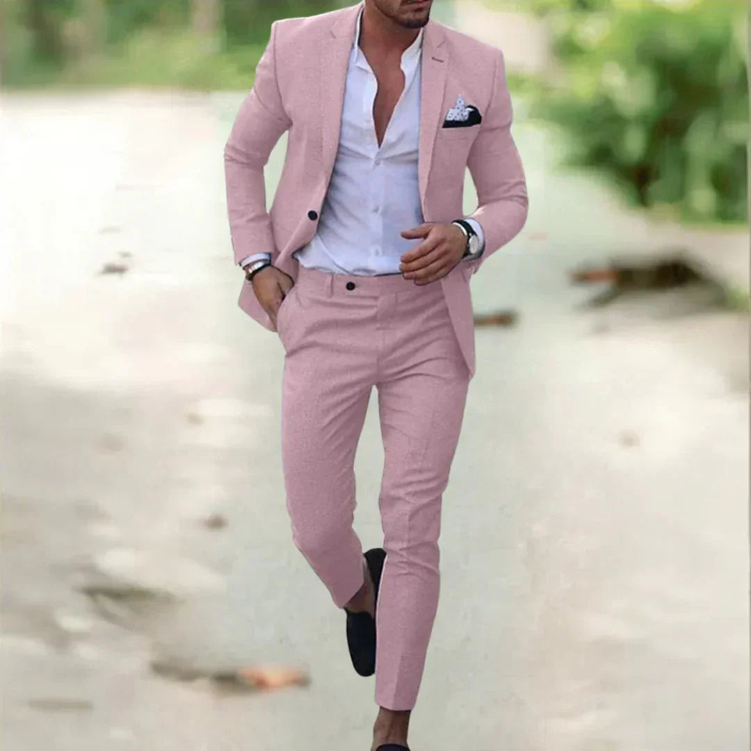 Detailed shot of a sleek slim fit men's suit lapel and button, showcasing craftsmanship & premium formal wear.