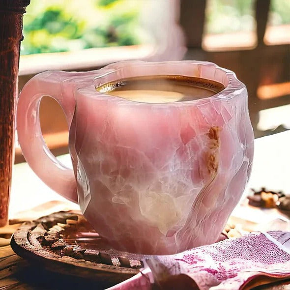 Clear mineral crystal coffee mug with unique texture, heat resistant, perfect for hot drinks.