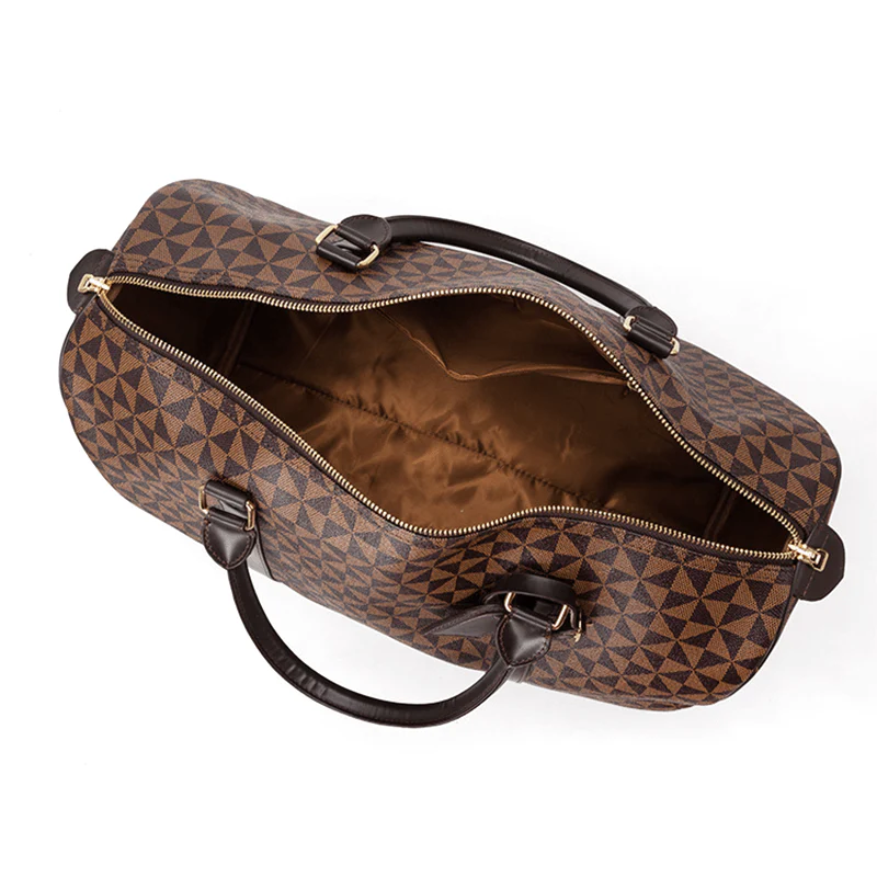 Beige unisex travel duffle bag, chic and versatile carry-on, ideal for any journey.