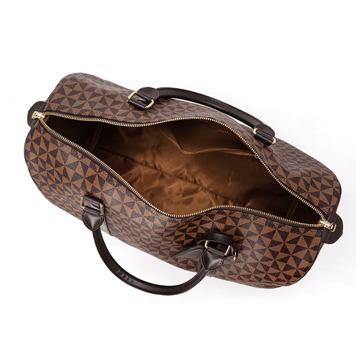 Beige unisex travel duffle bag, chic and versatile carry-on, ideal for any journey.