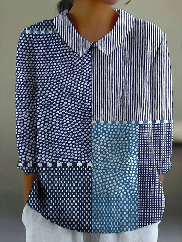 Stylish women's blue patchwork print collared blouse with long sleeves, perfect for a unique and versatile look.