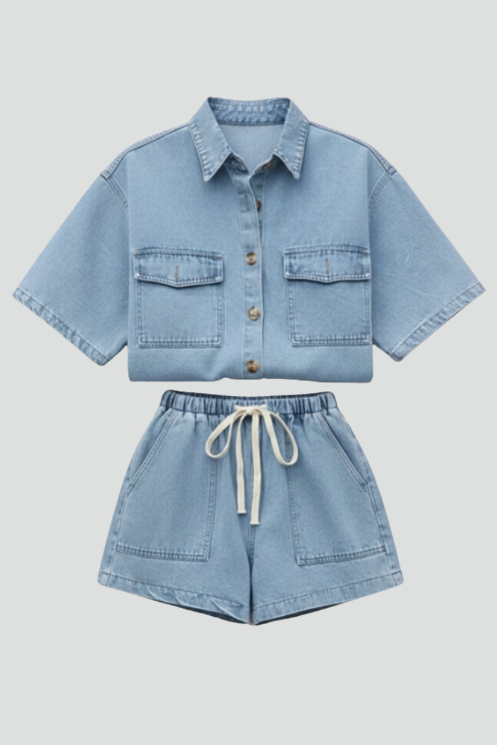 Stylish women's denim short set featuring a short-sleeve shirt jacket and high-waist shorts for summer fashion.