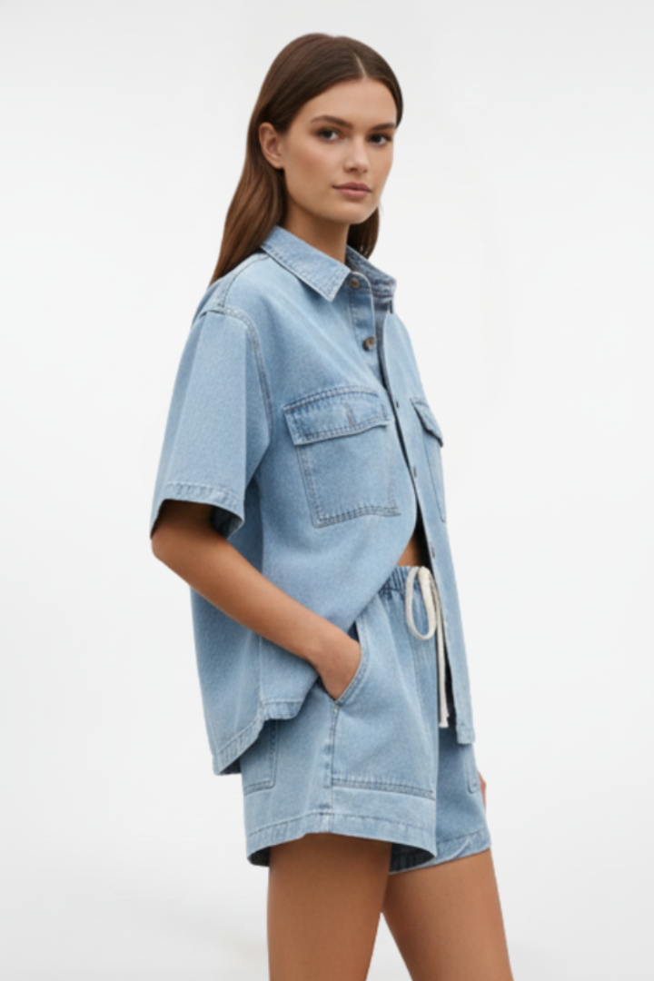 Casual women's denim short set: comfortable short-sleeve shirt jacket & high-waist shorts for everyday spring/summer.