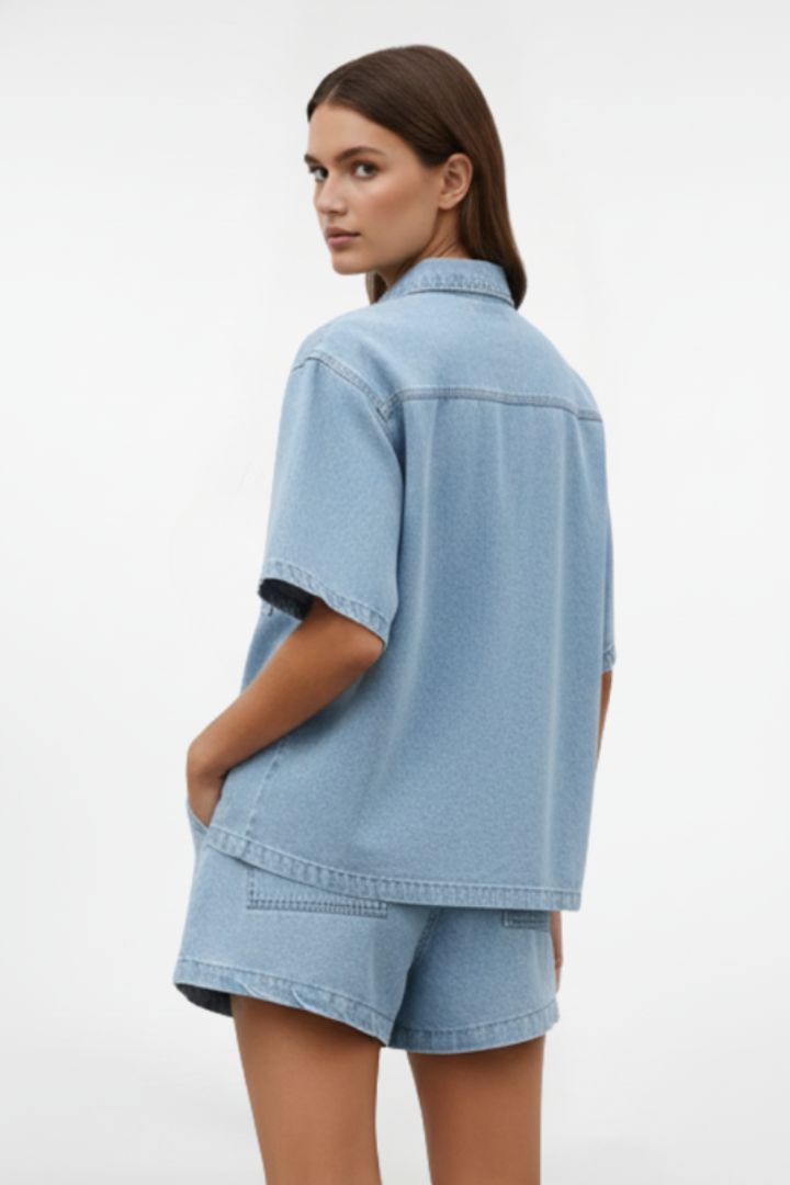 Women's stylish denim short-sleeve shirt jacket and high-waist shorts set, ideal for spring & summer fashion.