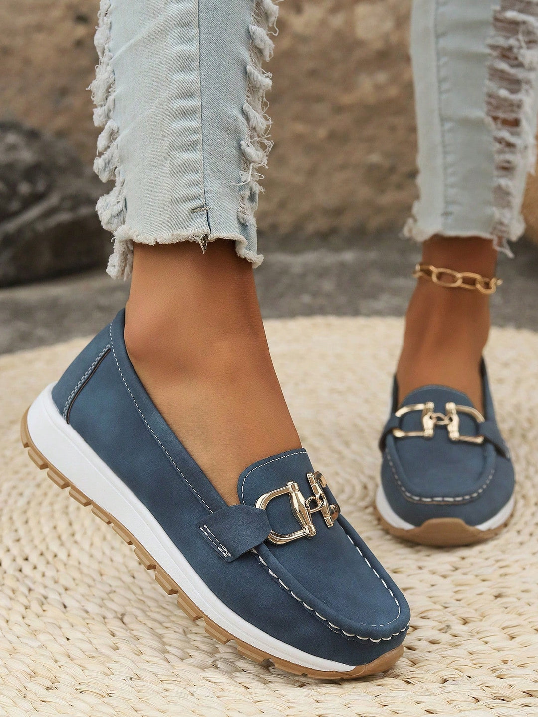 Comfortable women's flat buckle loafers, elegant slip-on shoes for work, casual & everyday styling.