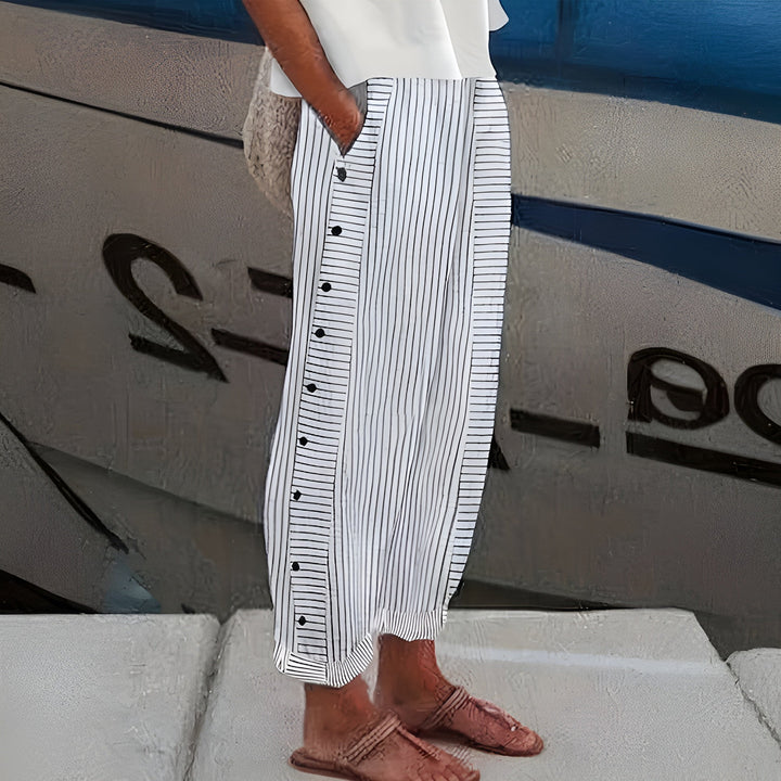Effortless women's casual flowy pants, travel-friendly & comfortable for summer. Loose fit straight leg trousers.