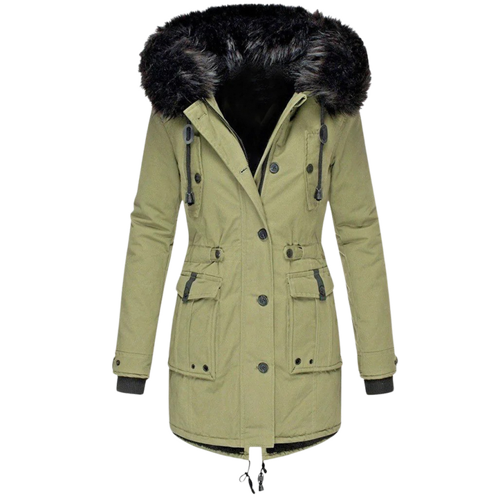 Stylish women's hooded winter coat, perfect for cold weather fashion & everyday warmth.