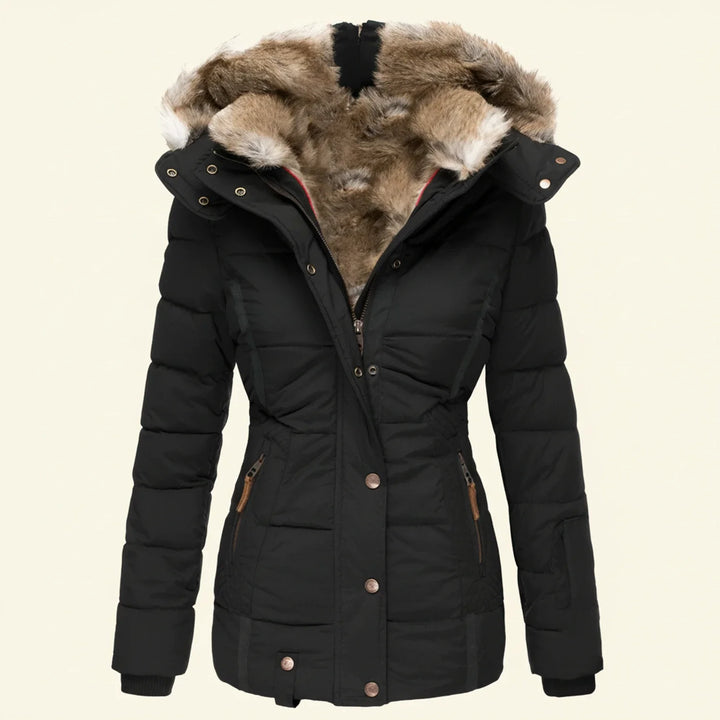 Stylish women's hooded winter puffer jacket, warm & chic for cold weather, essential winter coat.