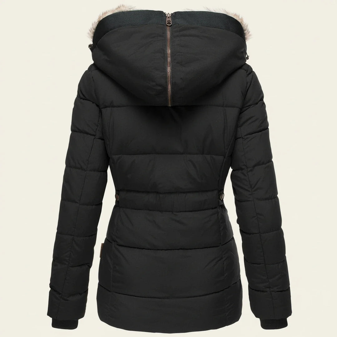 Stay warm in this elegant women's hooded winter puffer jacket, ideal cold weather fashion apparel.
