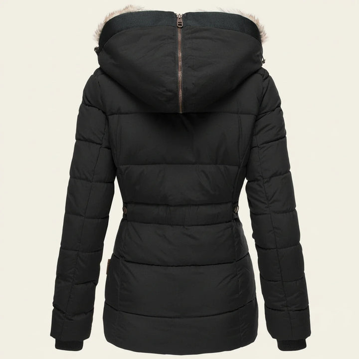 Stay warm in this elegant women's hooded winter puffer jacket, ideal cold weather fashion apparel.