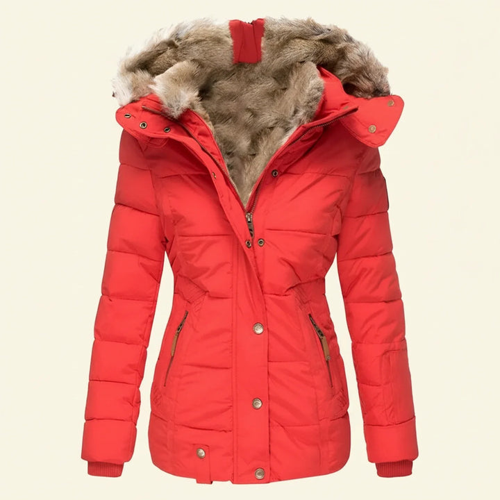 Warm women's puffer jacket, hooded with faux fur, quilted design, ultimate winter coat for cold climates.