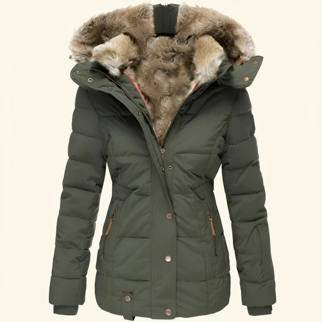 Chic women's hooded puffer jacket, versatile and stylish outerwear for fashionable winter apparel.