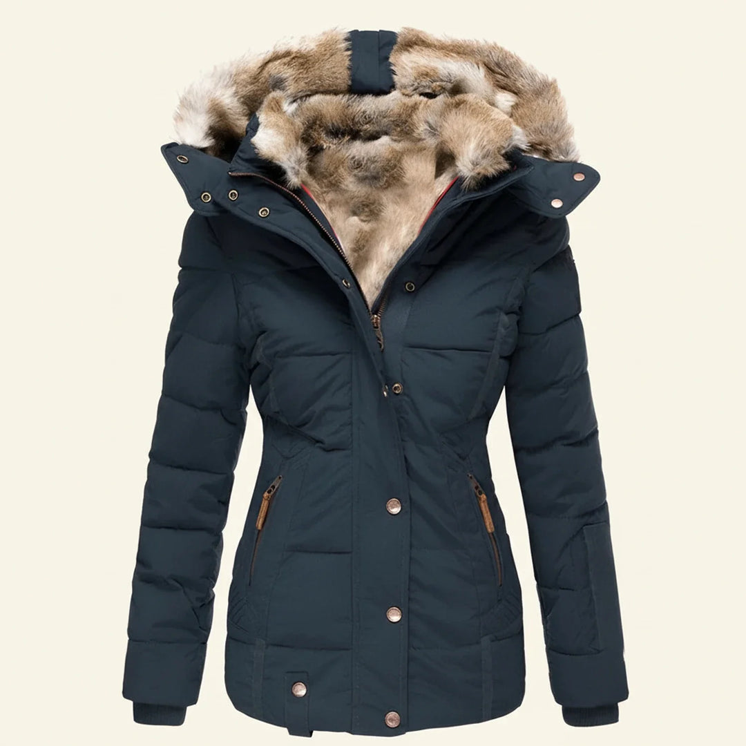 Full-length shot of a women's hooded winter puffer jacket, offering warmth and modern style.