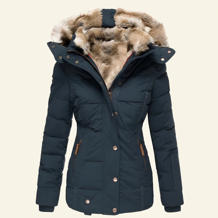 Full-length shot of a women's hooded winter puffer jacket, offering warmth and modern style.