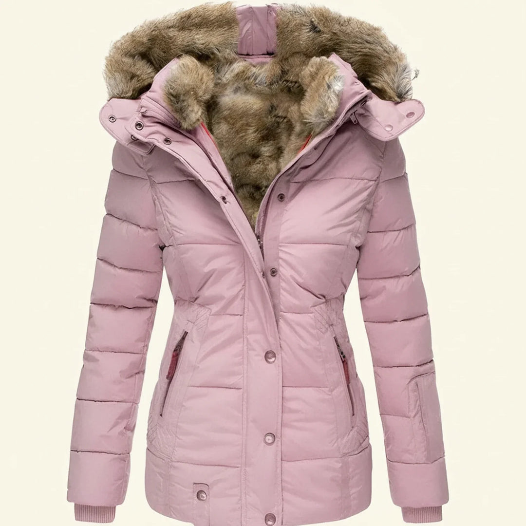 Front view of a women's cozy hooded winter puffer jacket, a stylish and practical cold weather coat.