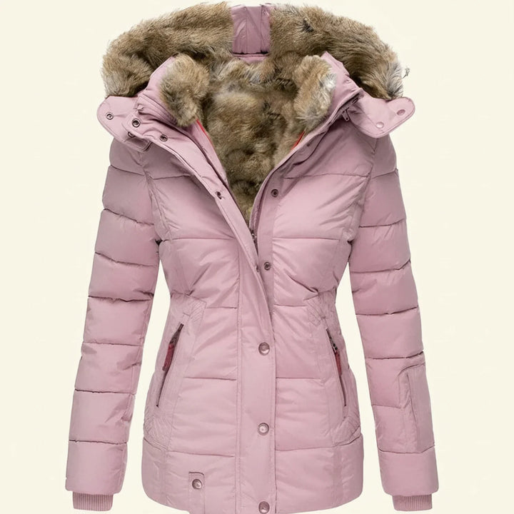 Front view of a women's cozy hooded winter puffer jacket, a stylish and practical cold weather coat.
