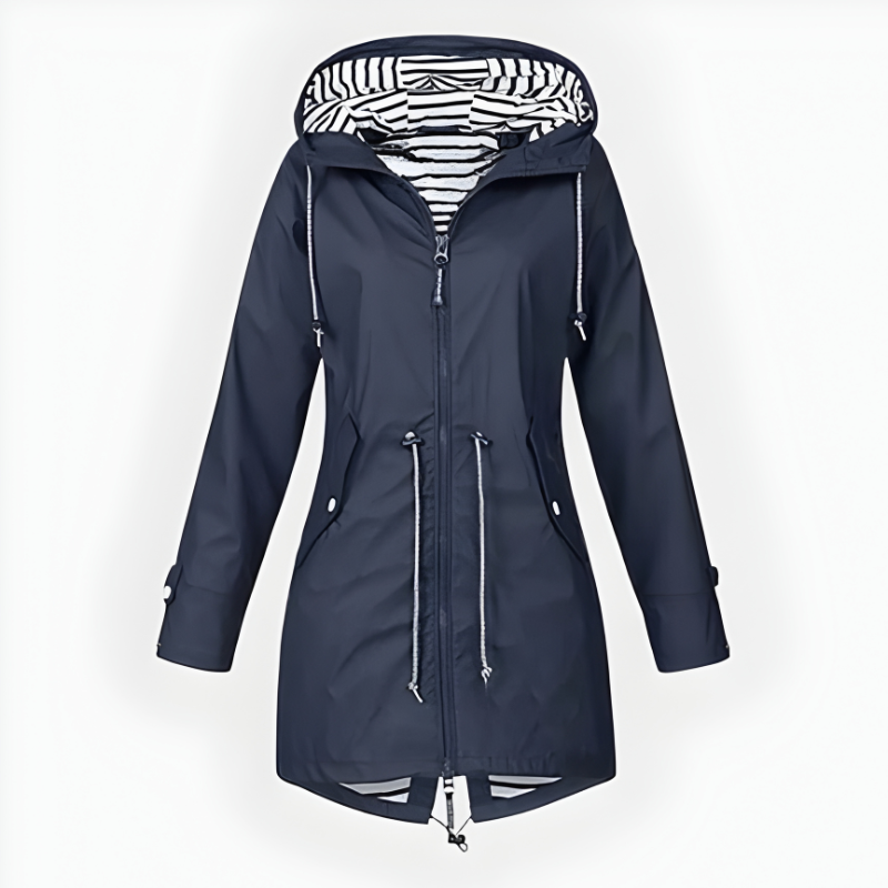 Elegant women's long waterproof rain jacket, windproof, offering full coverage and stylish protection.