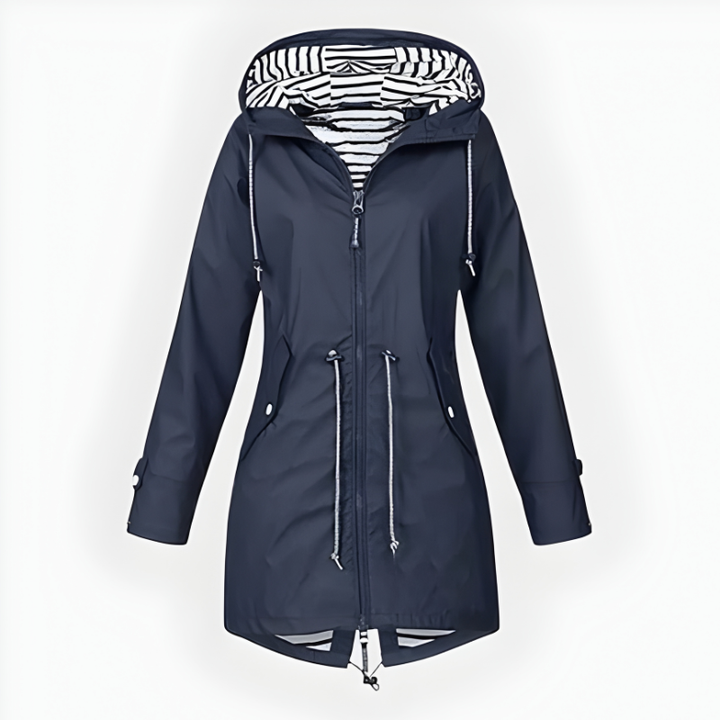 Elegant women's long waterproof rain jacket, windproof, offering full coverage and stylish protection.