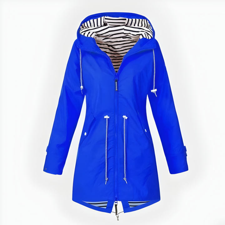 Women's stylish long rain jacket with hood, waterproof and windproof, a versatile piece of fashion outerwear.