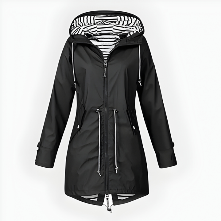 All-weather women's long rain jacket, waterproof & windproof, perfect for staying dry in style.