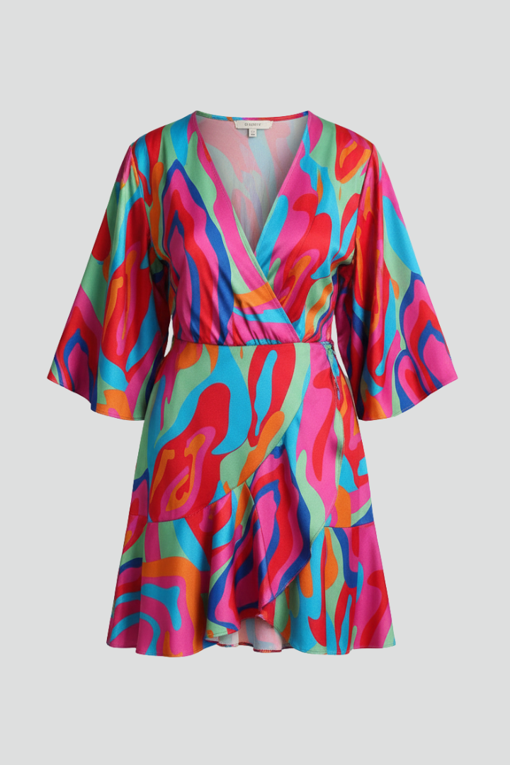 Stylish women's mini dress with batwing sleeves, V-neck, and adjustable waist. Perfect for summer fashion.
