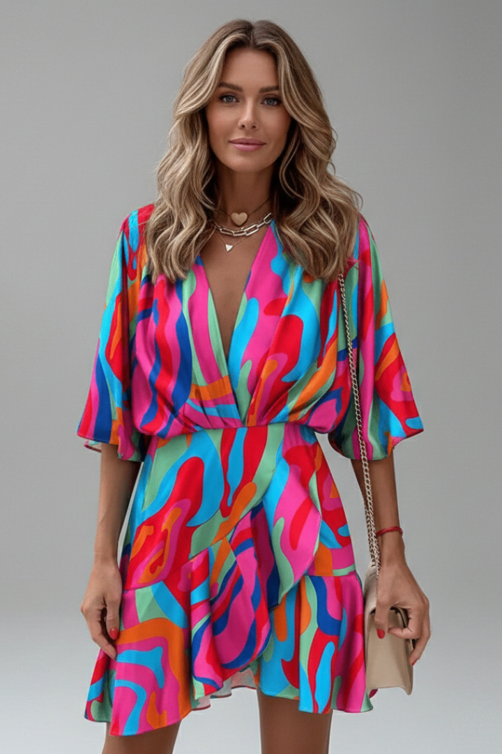 Colorful printed women's mini dress with batwing sleeves & adjustable waist. Versatile summer apparel.