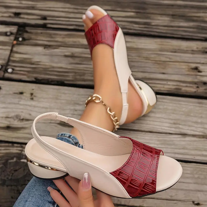 Fashionable women's heeled sandals with an open toe, slingback strap, and sturdy block heel.