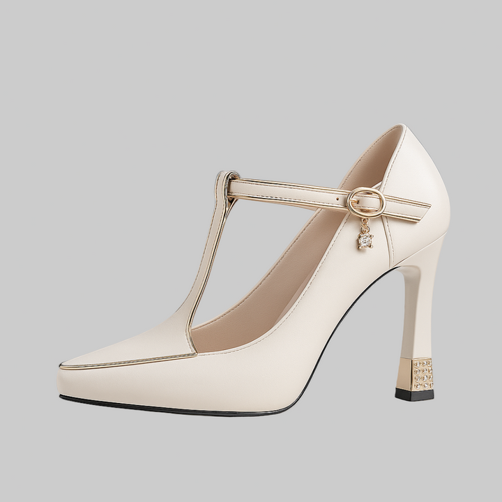 Elegant women's T-strap heels with square heel & pointed toe. Stylish orthopedic dress shoes.