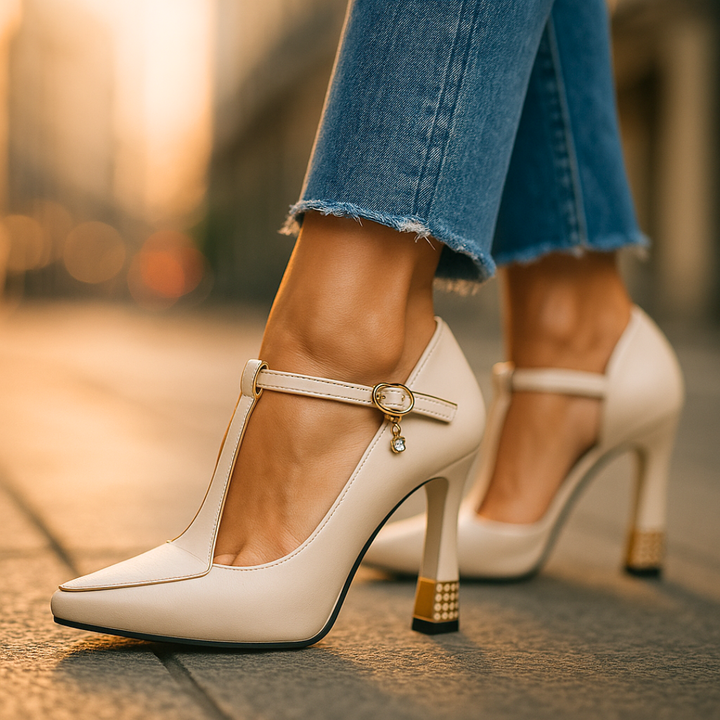 Elegant women's orthopedic heels featuring sparkling details and a comfortable design for all-day fashion.